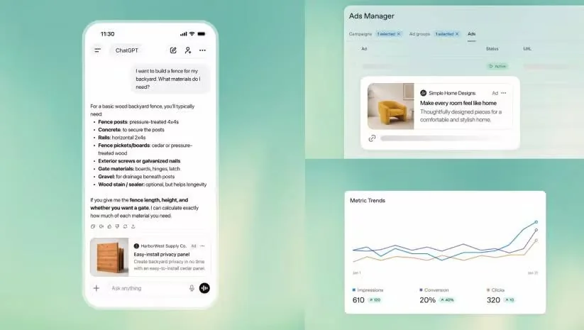 Hình minh họa quảng cáo trên điện thoại, mẫu quảng cáo trong Ads Manager và biểu đồ đo lường