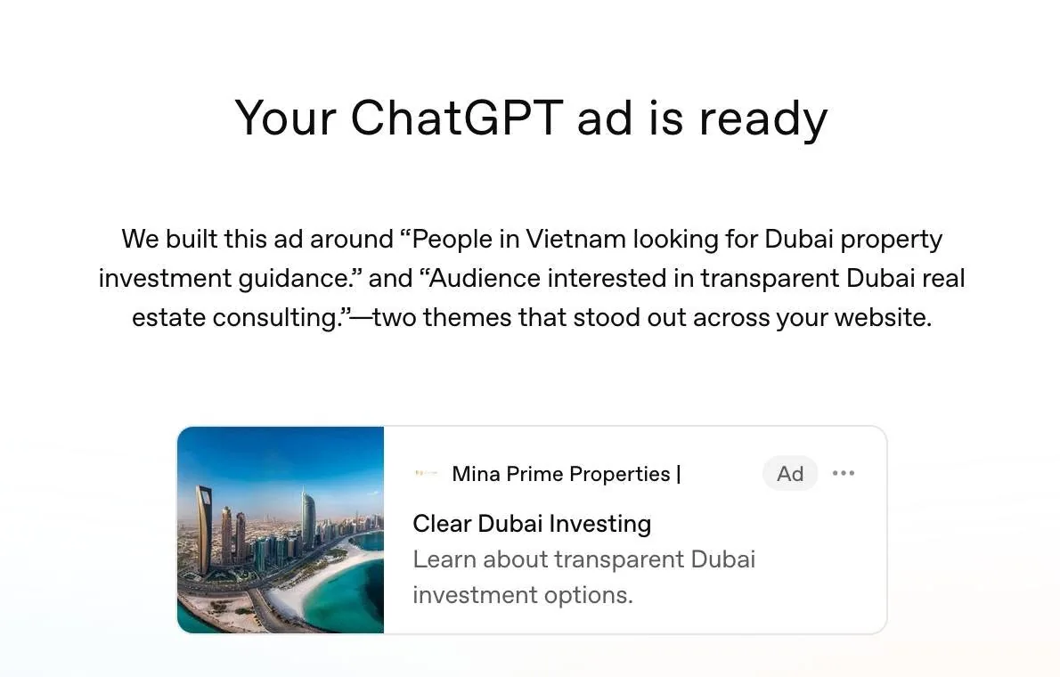 Màn hình xem trước mẫu quảng cáo bất động sản Dubai của Mina Prime Properties trong ChatGPT Ads