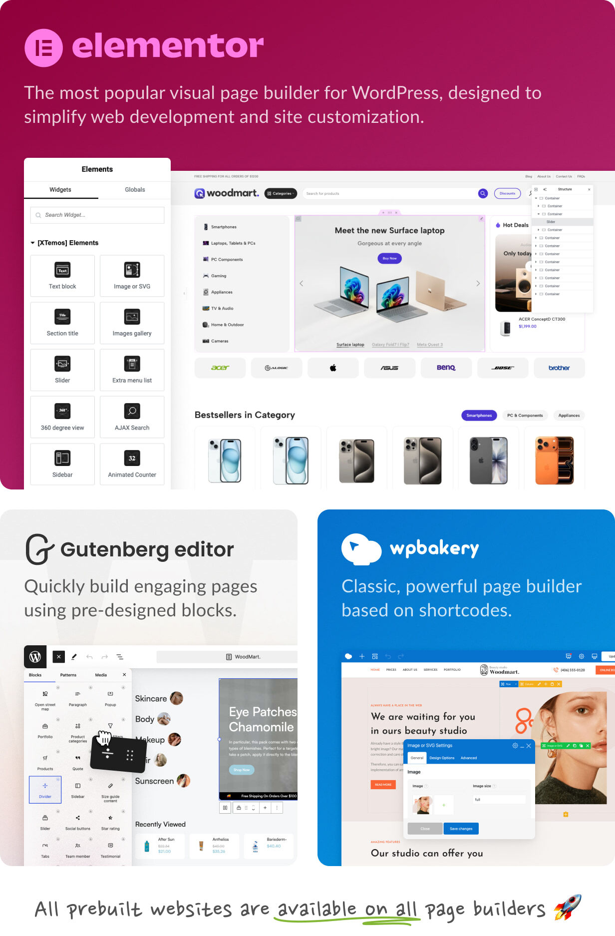 Các trình dựng trang Elementor, Gutenberg và WPBakery